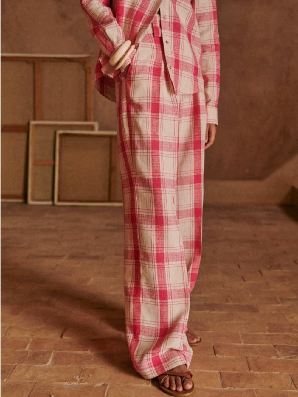 Sezane Pantalon Theophile Maxi Vichy Ecru Rose Plaid Wide Leg Linen Pants US 6